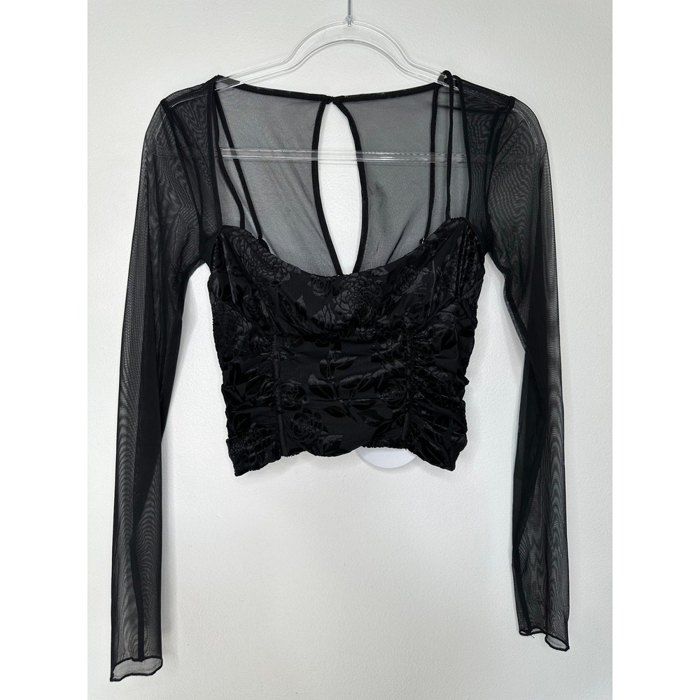 Princess Polly Saculla Long Sleeve Crop Top Size 4 Black‎ Velvet Floral Mesh New